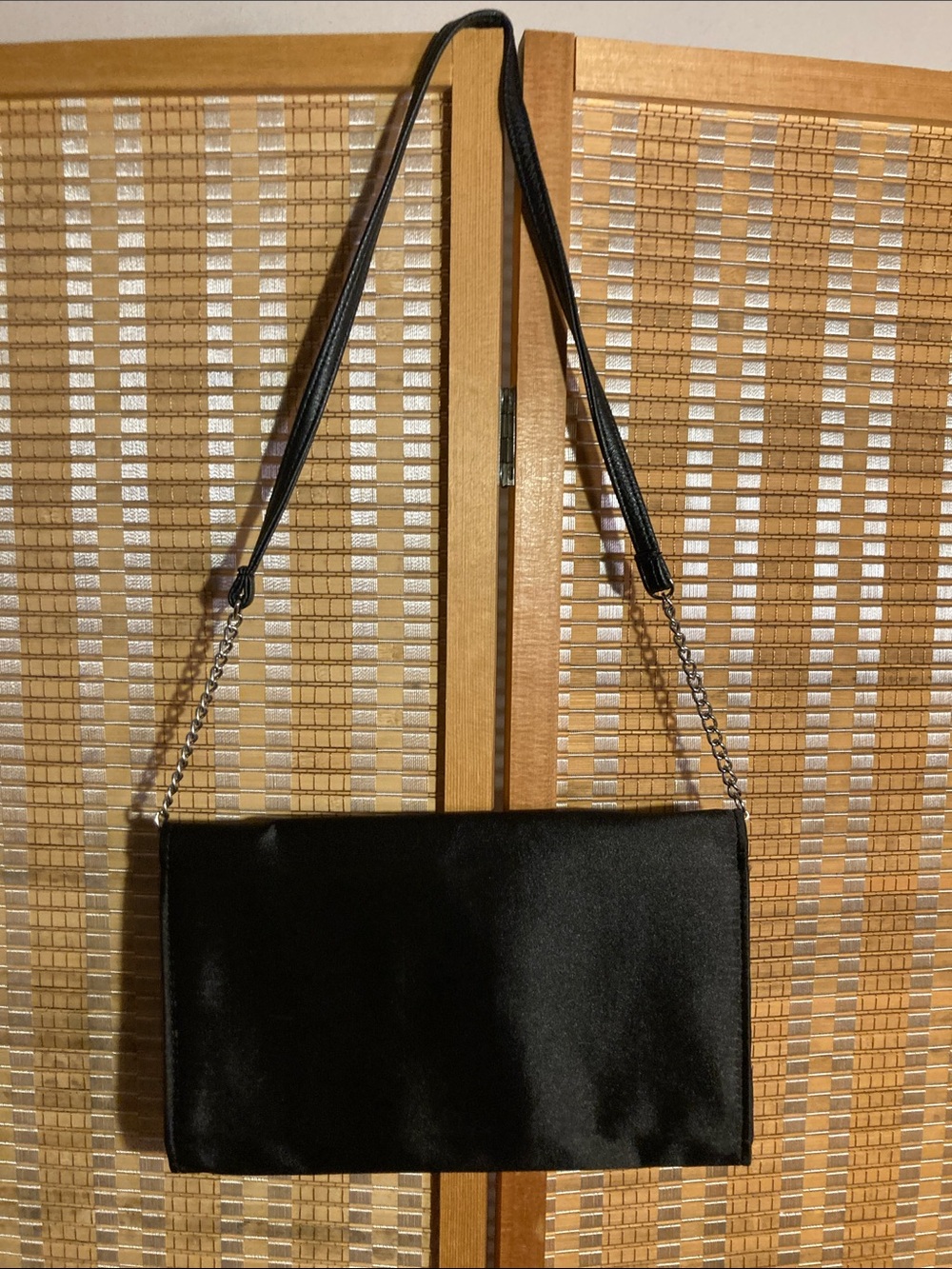 Classic Black Satin Evening Clutch with Silver Accent - Picture 4 of 12